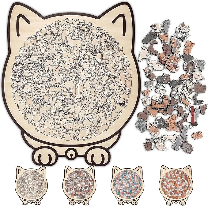 135-Piece Morandi-Colored Cat Shaped Wooden Jigsaw Puzzle, Cute Cat Puzzle, Challenging Irregular, Cute Home Decor for cat Lovers (C)