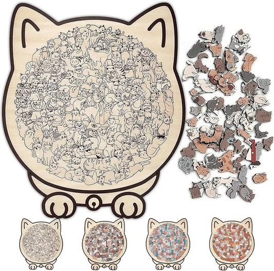 135-Piece Morandi-Colored Cat Shaped Wooden Jigsaw Puzzle, Cute Cat Puzzle, Challenging Irregular, Cute Home Decor for cat Lovers (C)