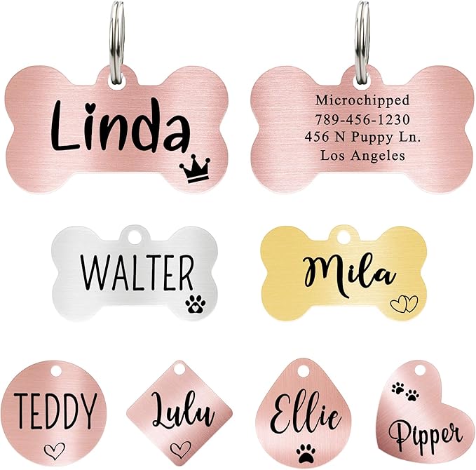 Ultra Joys Custom Personalized Dog ID Tag - Brushed Stainless Steel Bone, Rose Gold, Small