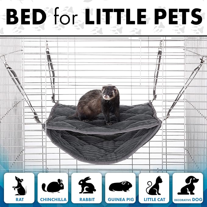 Ferret Hammock for Cage - Plush Double Bunk Bed Hanging Clips - Perfect for 2 or More Small Pets! (Rats, Ferrets, Hamsters, Guinea Pigs, Chinchillas & Squirrels) - Khaki