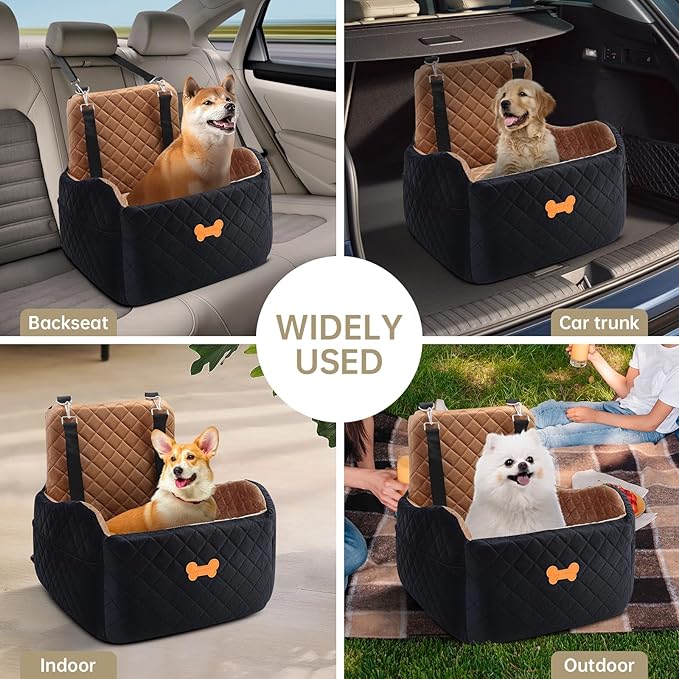 Dog Car Seat for Small Dogs, Dog Booster Seat Filling in Thick Memory Foam with 2 Safety Leashes and Storage Pocket, Suitable for Pet Under 30lb or 2 Puppies (Brown/Black)