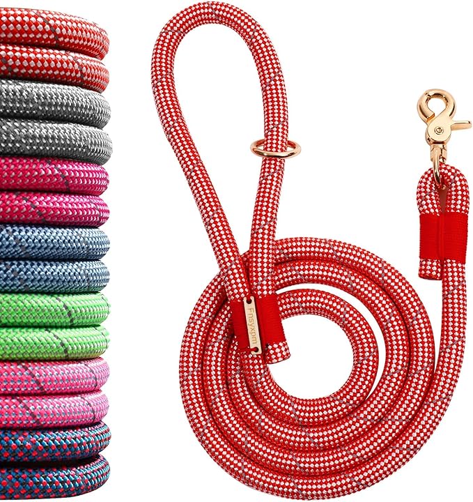 Nylon Rope Dog Leash Reflective, Handmade Braided Strong Dog Lead, Heavy Duty Rope Leash for Medium Large Dogs (5 FT - 3/5" Red)