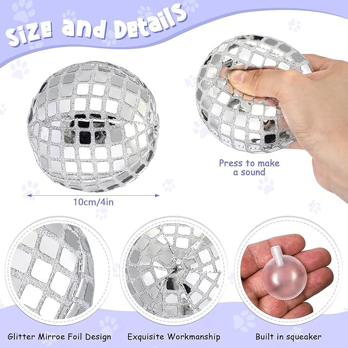 HyDren 2 Pcs Dog Disco Plush Balls, 4 in Squeaky Stuffed with Fluffy Squeaky Toys Pet Interactive Chew Balls for Small and Medium Puppy Dogs Cats