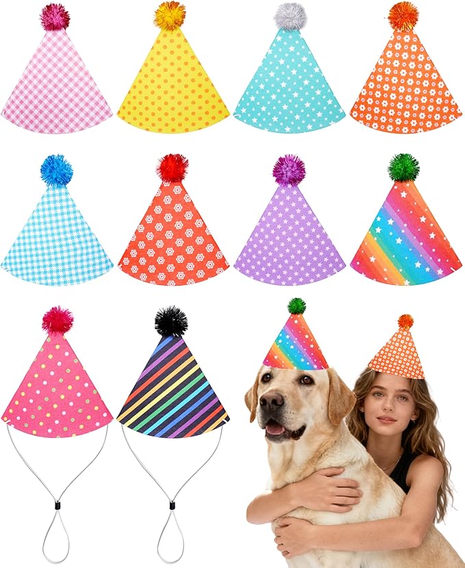 PET SHOW 10 Pack Party Hats for Large Dog Birthday Stuffed Animals Adults XL Adjustable Headband Colorful Holiday Felt Hats Pet Grooming Costume Accessories