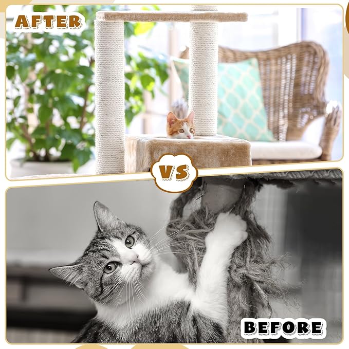 262 ft/80 m White Sisal Rope for Cat Scratcher, 1/5 inch/ 5 mm Thick Twine for Cat Scratching Post Cat Tree Replacements DIY Craft Projects, Jute Hemp Rope with 4 Random Colors Cat Toys