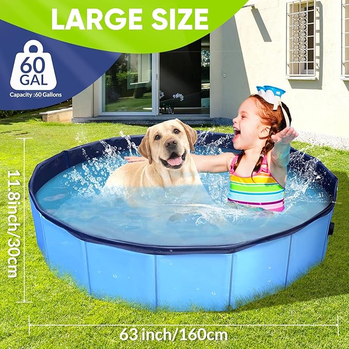 Dog Pool, Foldable Pet Swimming Pool with 6mm High-Strength PP Board, Hard Plastic Collapsible Doggy Pools for Small Dogs Kitty Duck, Non-Slip Doggie Bathtub Quick to Set Up and Drainage Hole, 63.2"