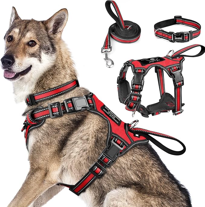 WINSEE Pet Harness Collar and Leash Set, All-in-one Reflective Dog Harness No Pull with Adjustable Buckles for Puppies, Small, Medium, Large, and Extra-Large Dogs (X-Large, Red)
