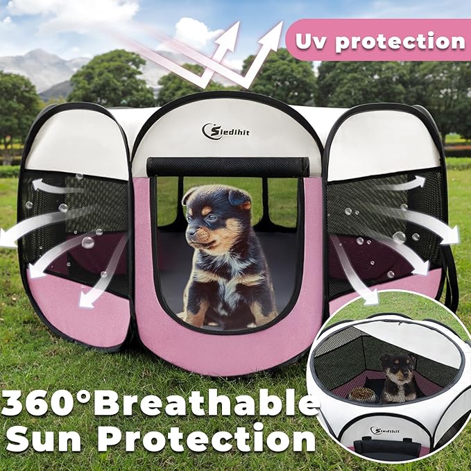 Pink Dog Cat Playpen, Puppy Pet Playpen Indoor for Small Dog Crate Tent Cage Outdoor, Portable Pop Up Dogs Enclosure Kennel with Carrying Case for Dogs/Cats/Rabbits