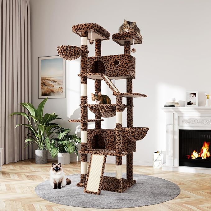 MUTICOR 81 inches Multi-Level Tall Cat Tree Tower for Indoor Kitties/Large Climbing Tree House for Big Feline/Condo/Sisal Scratching Posts/Plush Perches Platforms/Basket Hammock/Leopard Print