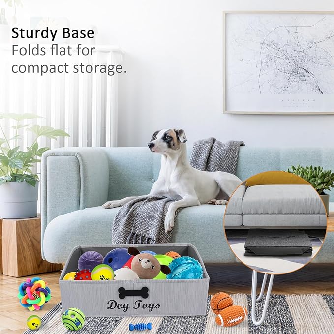 Collapsible Dog Toy Box - Fabric Storage Bin for Organizing Pet Toys/Blankets/Leashes - Personalizable - Slub Gray