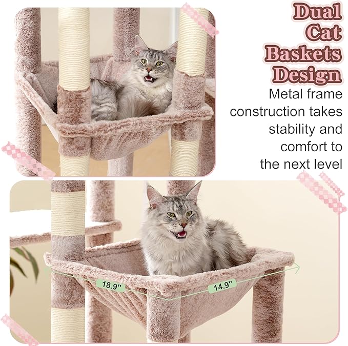 Heybly Cat Tree, 71-Inch Tall Cat Tower for Large Maine Coon Cats with Extra-Large Baseboard, Cat Condo Furniture with Multi-Level Platforms, 2 Hammocks and 12 Scratching Posts, Muchroom HCT037MU