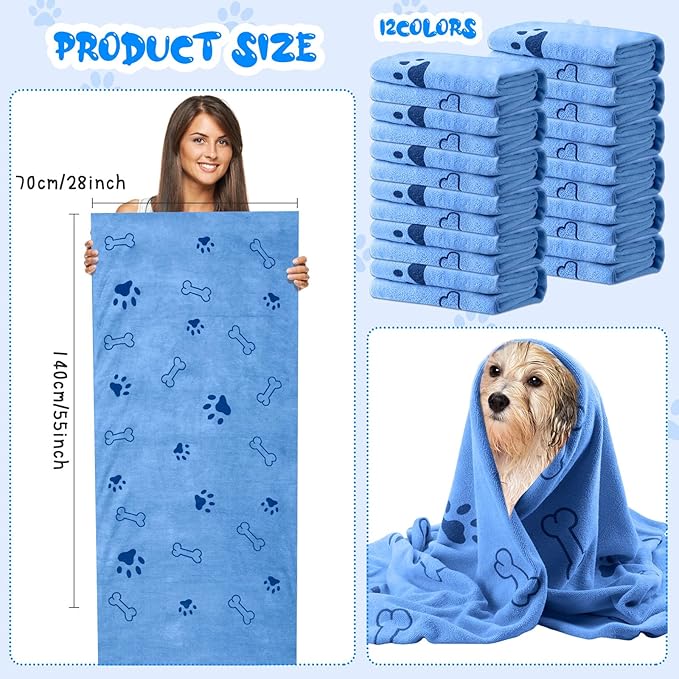 Tatuo 12 Pcs Dog Grooming Towels 28 x 55 Inch Microfiber Drying Pet Bath Towels Dog Absorbent Towel Quick Drying Puppy Bathing Supplies for Small Medium Large Puppy Cat(Blue,Paw, Bone)