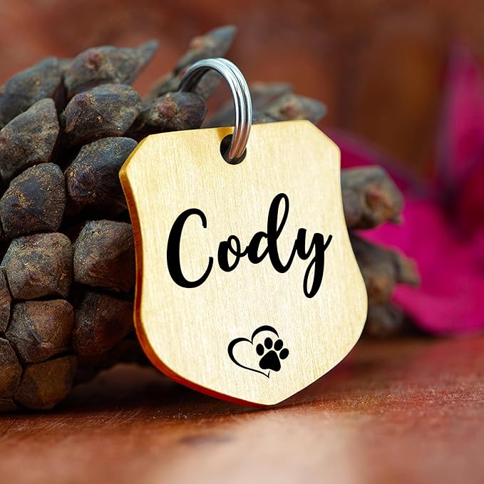 Ultra Joys Cat ID Tag Personalized Pet Tags, Durable Stainless Steel Small Pet Mini Dog Cat Tag Lightweight - Shield Tag in Gold