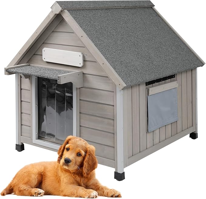 PetsCosset 26" L Outdoor Dog House with Waterproof Asphalt Roof for Small to Medium Dogs,Large Wooden Indoor Dog Kennel with Anti-Chewing Metal,Oxford Cloth Window,Durable Doghouse for 1-2 Dogs