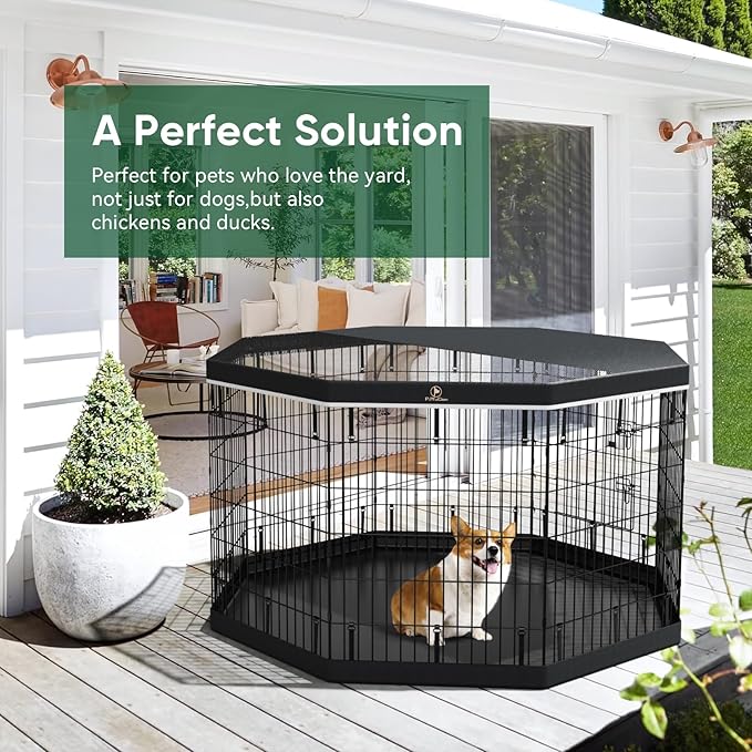 PJYuCien Dog Playpen, 8 Panels 36’’H Dog Pens Indoor with Bottom Pad and Top Cover, Metal Foldable Pet Puppy Exercise Fence Crate Kennel, Better for Medium Animals,Black