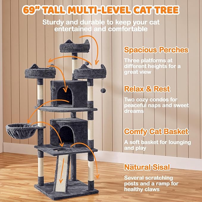 Yaheetech 68.5in Cat Tree for Large Cats, Multi-Level Cat Tower with 3 Wide Perches, Large Condo, Stable Pet Play House w/Sisal-Covered Scratching Posts & Board, Dark Gray