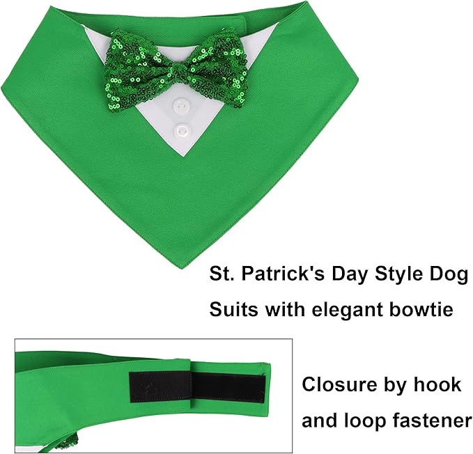 ADOGGYGO St.Patrick's Day Dog Tuxedo Bandana, Green Pet Tux Collar with Bowtie Adjustable St Patricks Costume for X-Small Dogs Pets (XS)