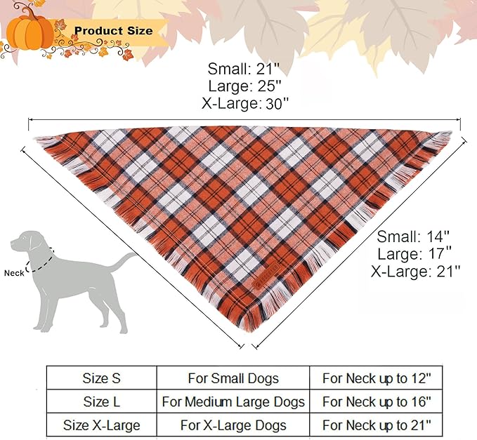 ADOGGYGO Fall Dog Bandanas with Tassels Edges, Orange Brown Plaid Scarf Bib, Multi Size, Fall Thanksgiving Halloween Bandanas for Medium Large Dogs (Large)
