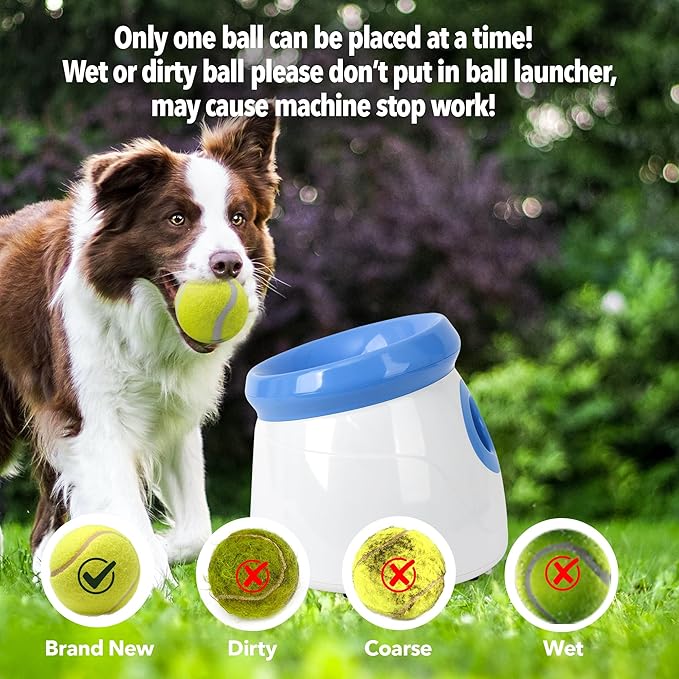 PetPrime Dog Automatic Ball Launcher Dog Interactive Fetch Toy Pet 2'' Thrower Throwing Game 3 Tennis Balls Tennis Mini Size Ball Launcher for Dogs Included Launch Distance 10-30ft