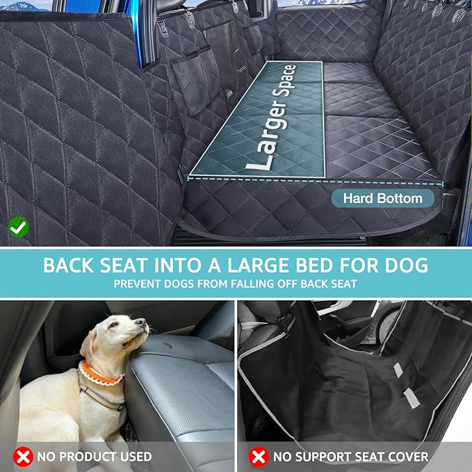 Truck Hard Bottom Car Seat Cover for Dogs | Mesh Window & 2 Safety Belts | 100% Waterproof Sturdy Back Seat Extender with Door Protectors |Non-Slip,Scratchproof Pet Car Rear Seat Protector Fit Pickup