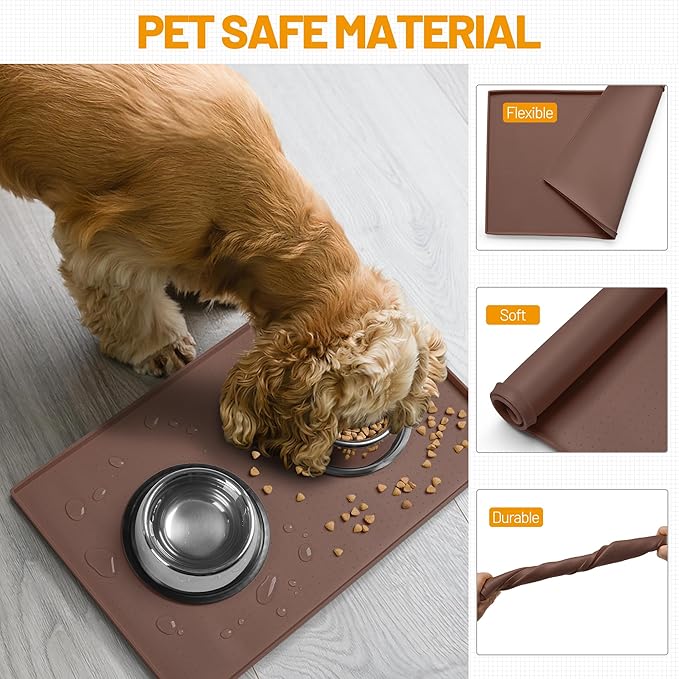Hubulk Dog Feeding Mat,100% Waterproof Food Grade Silicone Pet Food and Water Bowl Placemat,Dishwasher, High Raised Edge to Prevent Spills,Nonslip Tray to Stop Messes on Floor（24"x16"x0.5", Brown）