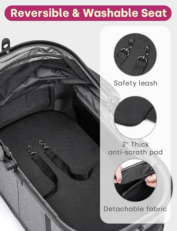 Dog Stroller for Small Medium Dogs Up to 60lbs, 4 Wheels Folding Pet Stroller with Detachable Carrier, Pet Travel Carrier for 2 Dogs & Cats, Storage Basket, Breathable, Grey