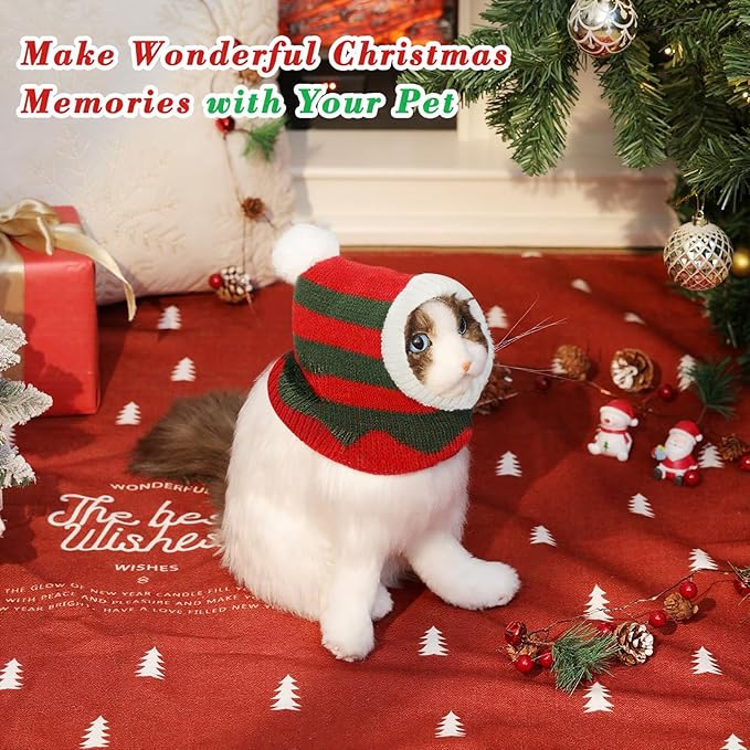 Pawaboo Christmas Pet Hat, Funny Knitted Pets Cap with Pompon, Cute Crocheted Snood Winter Warm Pet Hat, Neck Ear Warmer Hood Warm Scarf Xmas Decoration Santa Hats for Small Dogs, XS, Red+Green