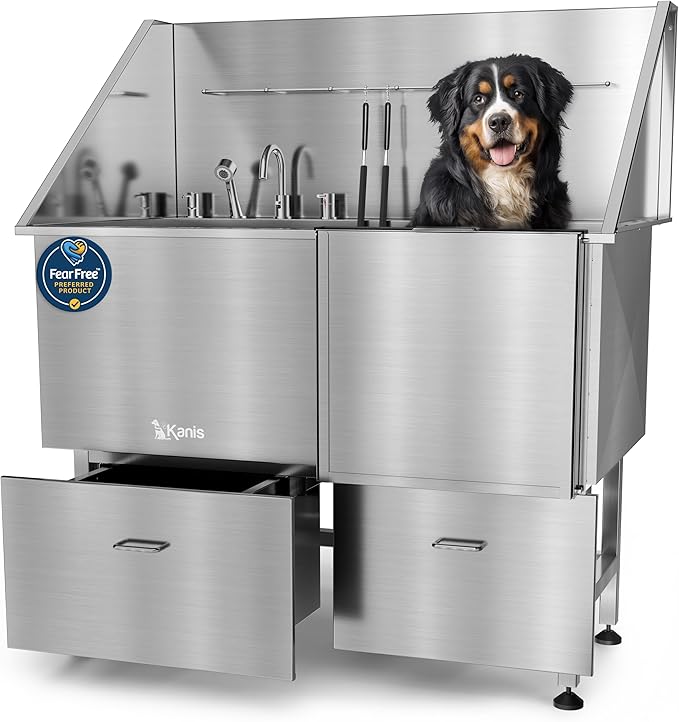 KANIS Professional Dog Washing Station - 304 Stainless Steel Pet Wash Sink & Grooming Bathtub w/Shower, Floor Grates and Storage for Large, Medium & Small Pets (50", 2 Drawers - Right Ramp)