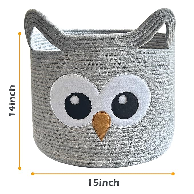 VK VK·LIVING Owl Storage Basket for Gift Foldable Cute Nursery Animal Toy Basket with Handles, Large Cotton Rope Baby Laundry Storage Organizer for Blanket Towels in Living Room Bedroom 15"Lx14"H