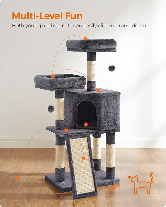 Feandrea Cat Tower, Cat Tree for Indoor Cats, 45.3-Inch Cat Condo with Scratching Post, Ramp, Perch, Spacious Cat Cave, for Kittens, Elderly Cats, Adult Cats, Small Space, Smoky Gray UPCT141G01