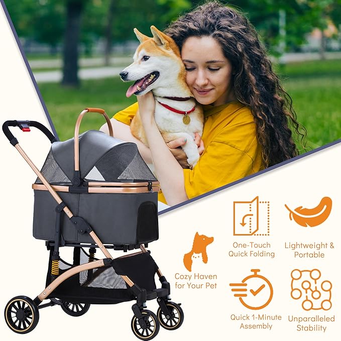 Pet Stroller for Small Dogs, Lightweight Small Dog Stroller for Dogs Cats with 6 Shock Absorption System, Detachable Carrier Suitable for Car Seat & Hand Carry, Safe Outings, Gray