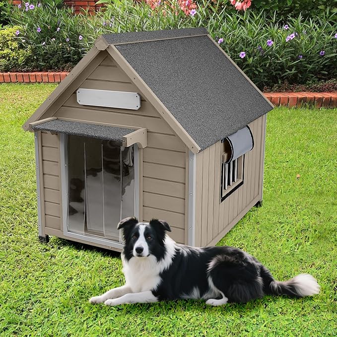 Large Dog House Indoor Outdoor with Window, Doghouse Kennel Shelter with Anti-Chewing Iron Frame for Medium to Small Dogs, Easy Assemble(37.4" W*30.5" L*39.3" H)