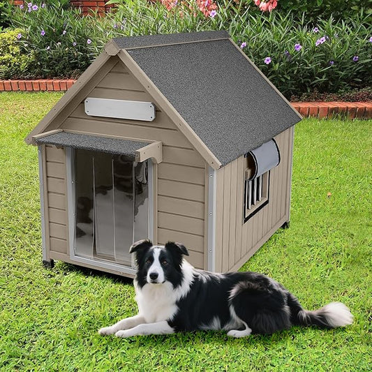 Large Dog House Indoor Outdoor with Window, Doghouse Kennel Shelter with Anti-Chewing Iron Frame for Medium to Small Dogs, Easy Assemble(37.4" W*30.5" L*39.3" H)