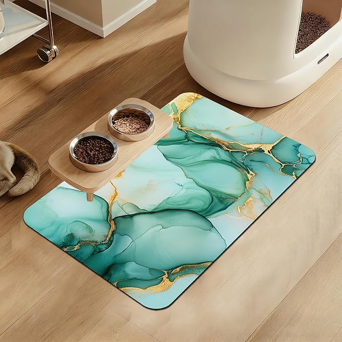 Green Marble Pet Feeding Mat for Floors–Absorbent Quick Dry Dog Cat Bowl Mat for Food and Water, Non Slip Waterproof Base, Mess-Free Feeding Accessories 12"x20"