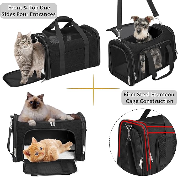 Soft-Sided Cat/Dog/Pet Carrier, Collapsible Pets Travel Carriers for Big Cats/Small Dogs with Shoulder Strap & Removable Mat, Mesh Puppy Carry Bag, Up to 25 Lbs(Black)