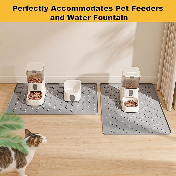Pieviev Dog Cat Food Bowl Mat, Silicone Waterproof Food Grade Pet Food Mat for Floor, High Raised Edge to Prevent Spills, Non-Slip & Easy Clean Pet Placemat for Dog & Cat Bowls, 34''x22'', Light Gray