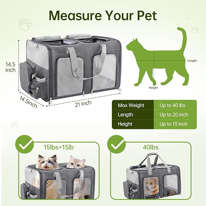 Cat Carrier for 2 Cats - Double Pet Carrier Extra Large, Dual Cabin Multi Cat Travel Carrier with Removable Divider, Collapsible, Can Hold 20 30 40 lbs for Two Small Kitten, a Medium Dog Gray