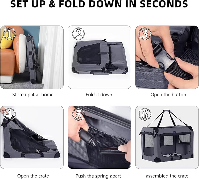 Petprsco 40 Inch Collapsible Dog Crate, Portable Dog Crates for Large Dogs, XL Dog Crate for Travel, 3 Door Soft Dog Kennel with Durable Mesh Windows Indoor & Outside