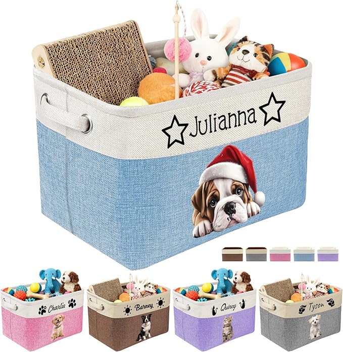 Personalized Dog Toy Storage Basket Custom Dog Name Photo Cat Pet's Gift Baskets Collapsible Organizer Box Foldable Storage Basket with Handle for Toys, Coats, Clothing, Blankets, Blue