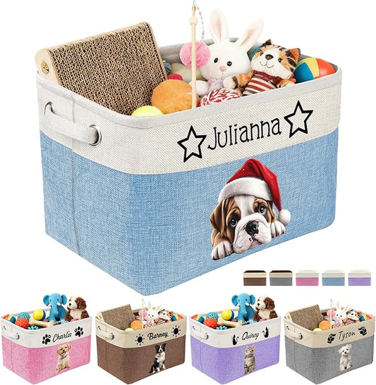 Personalized Dog Toy Storage Basket Custom Dog Name Photo Cat Pet's Gift Baskets Collapsible Organizer Box Foldable Storage Basket with Handle for Toys, Coats, Clothing, Blankets, Blue