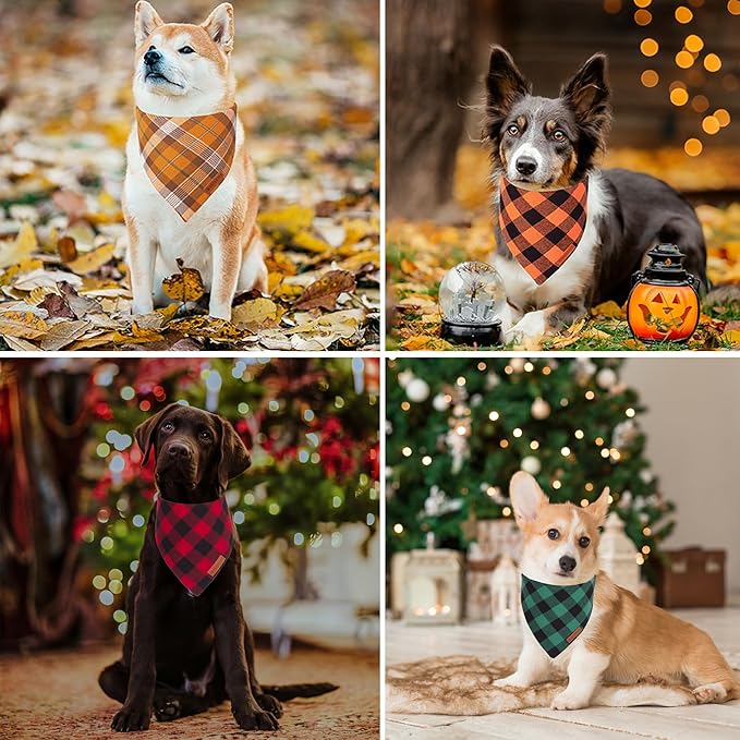 ADOGGYGO 4 Pack Plaid Dog Bandana for Fall Halloween Thanksgiving Christmas, Red Green Orange Plaid Pet Scarf Plaid Holiday Bandanas for Medium Large Dogs (Large)