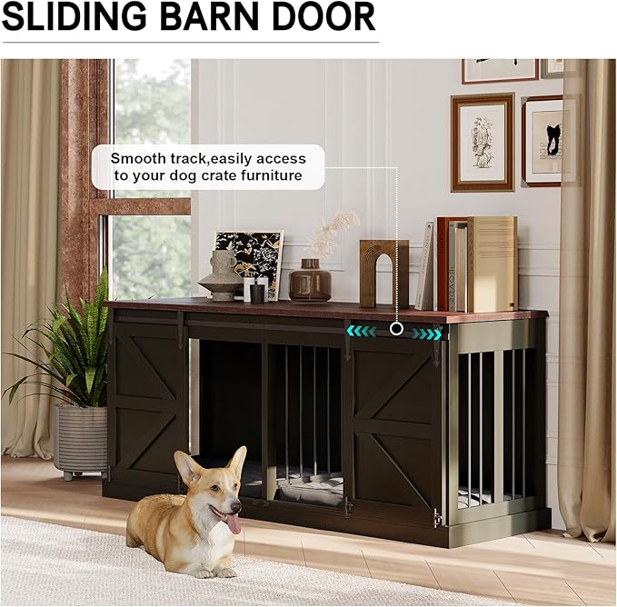 Dog Crate Furniture - Indoor Wooden Dog Kennel Furniture with Room Divider and Double Sliding Barn Doors - 71”x23.6”x31.5”H, Black