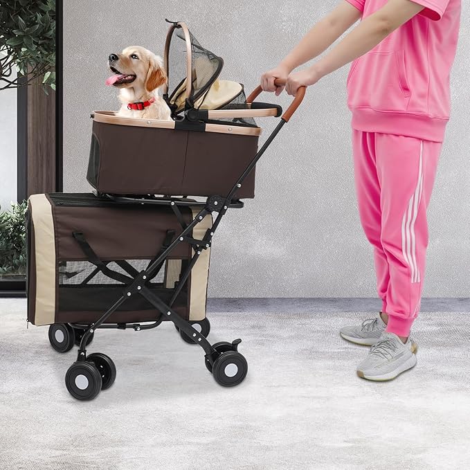 Double Pet Stroller for Small Medium Dogs & Cats, 3 In1 Detachable Pet Strollers with 2 Carriers and 360° Wheels, 77 Lbs Capacity Outdoor Cat Dog Carts Lightweight (Coffee Color)