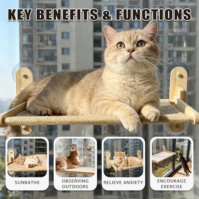 Cat Window Perch with Strong Suction Cups, Cat Window Hammock Foldable Bed with Breathable Mesh, All-Season Lounger for Medium Small Cats to Bird Watch & Sunbathe (Burlywood, L)