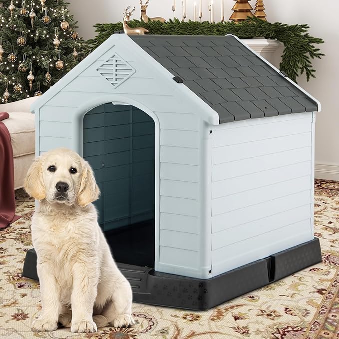 Giantex Dog House for Medium Dogs, Waterproof Plastic Dog Houses with Air Vents and Elevated Floor, Easy to Assemble, Outdoor Cat House Feeding Station Indoor Patio Backyard Dog Kennel House, Gray
