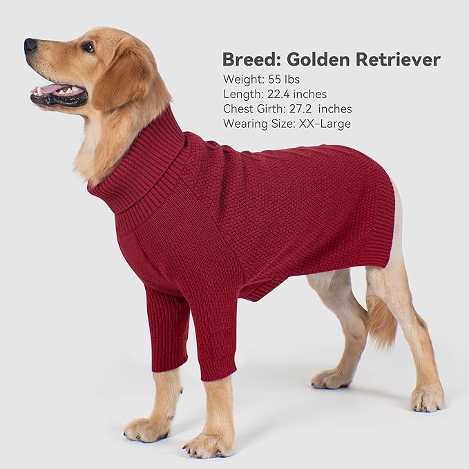 cyeollo Dog Sweater Turtleneck Soft Knitted Sweaters with Leash Hole Warm Cozy Dog Clothes for Large Dogs, Burgundy 2XL