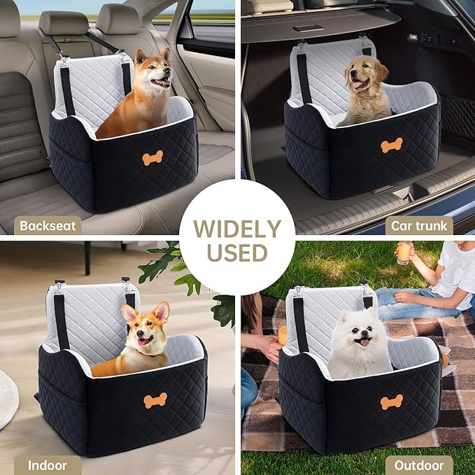 Dog Car Seat for Small Dogs, Dog Booster Seat Filling in Thick Memory Foam with 2 Safety Leashes and Storage Pocket, Suitable for Pet Under 30lb or 2 Puppies (Grey/Black)