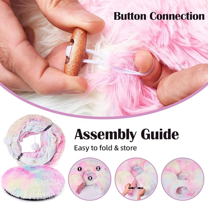 Odoland Cat Tunnel Bed with 20 Cat Toys - Indoor Plush Kitten Couch,Detachable Cats Cave Donut Tunnel & Soft Kitten Toy Set-Cozy Cat Furniture Pink