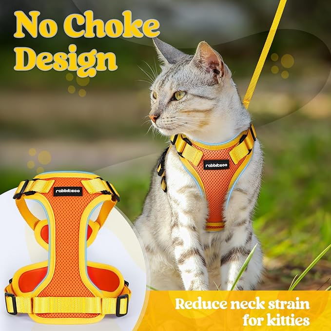 rabbitgoo Cat Harness and Leash Set, Escape Proof Soft Adjustable Vest Harnesses for Outdoor Walking, Easy Control Breathable Kitten Jacket with Reflective Strips, Orange & Yellow, XXS