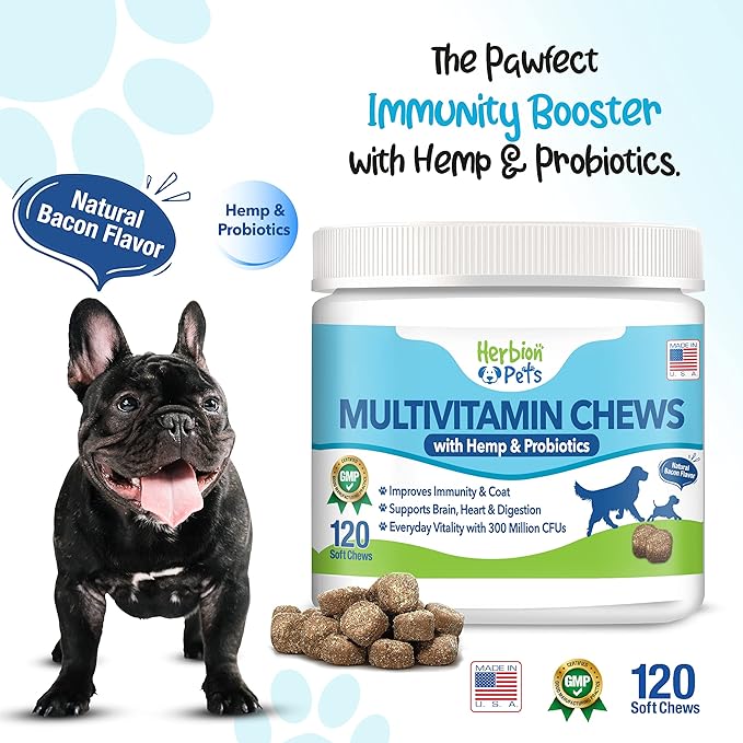 HERBION Pets Multivitamin Chews with Minerals & Probiotics, Improves Immunity & Coat, Supports Digestion, Brain & Heart Health, Delicious Natural Duck Flavor, Dog Supplements & Vitamins, Pack of 1